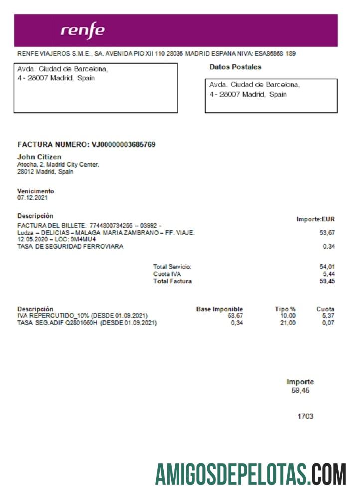Para baixar modelo de fatura de serviços públicos Renfe da Espanha em formato Word e PDF